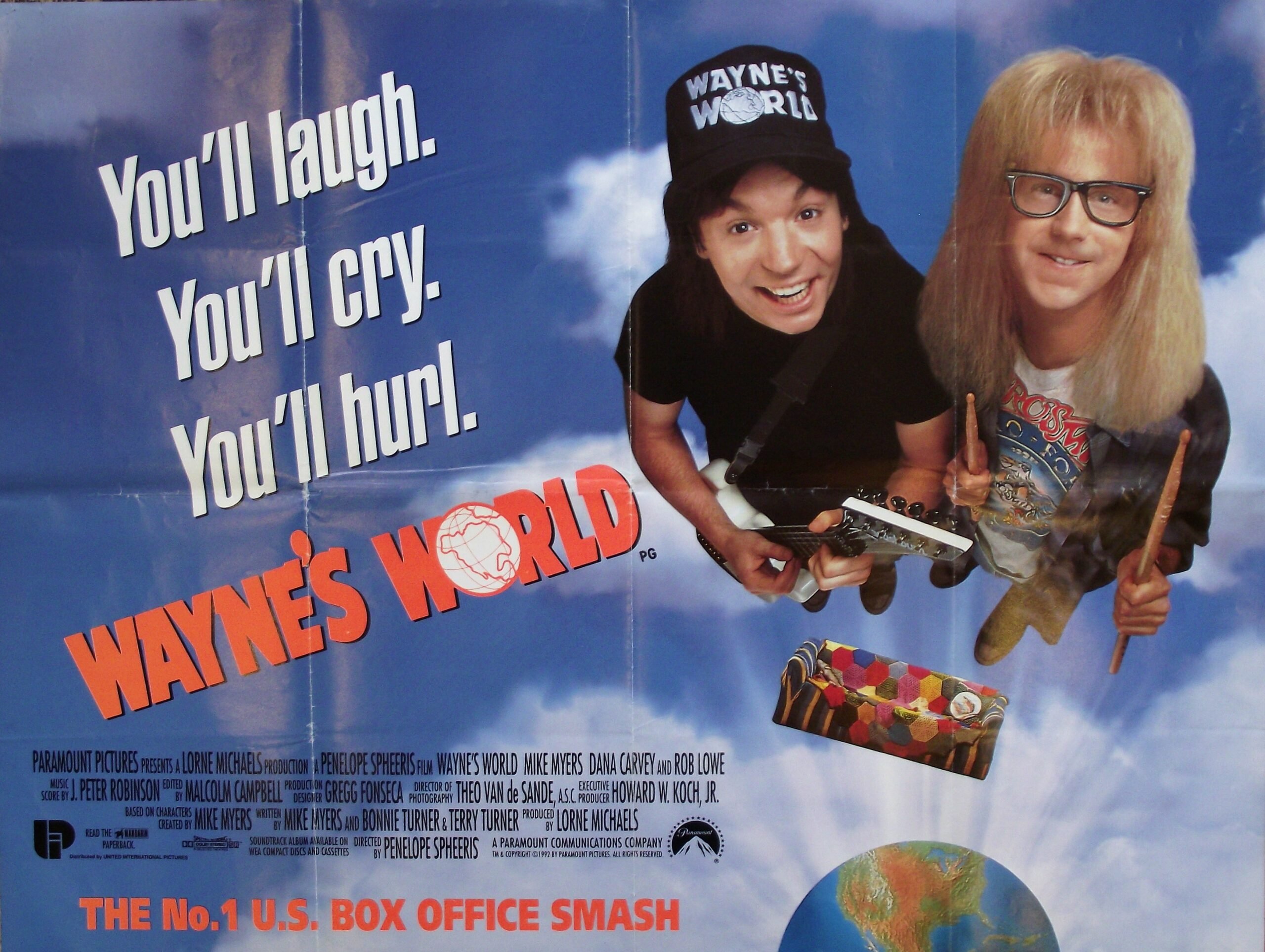 VIntage original UK Quad poster for 1992 comedy film Wayne's World starring Mike Myers and Rob Lowe.